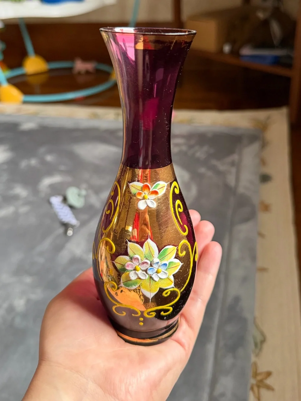 Vintage Amethyst Purple Glass Hand Painted Floral Gold Enamel